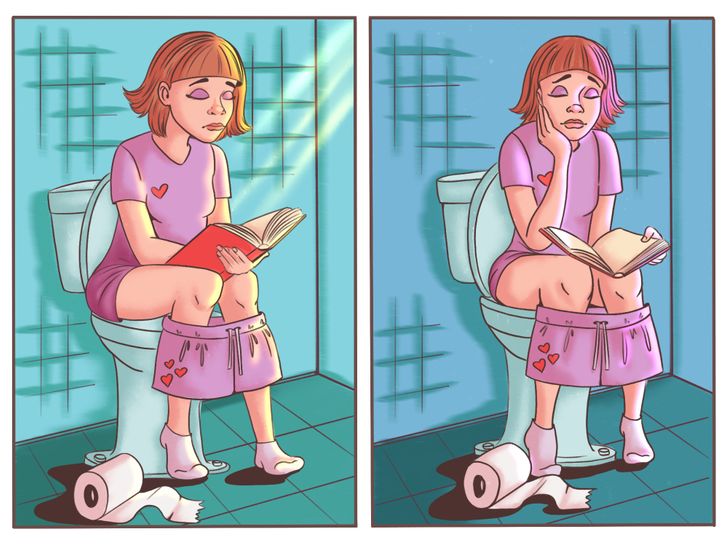 fata sta pe wc cu cartea in mana si  citeste baie albastra